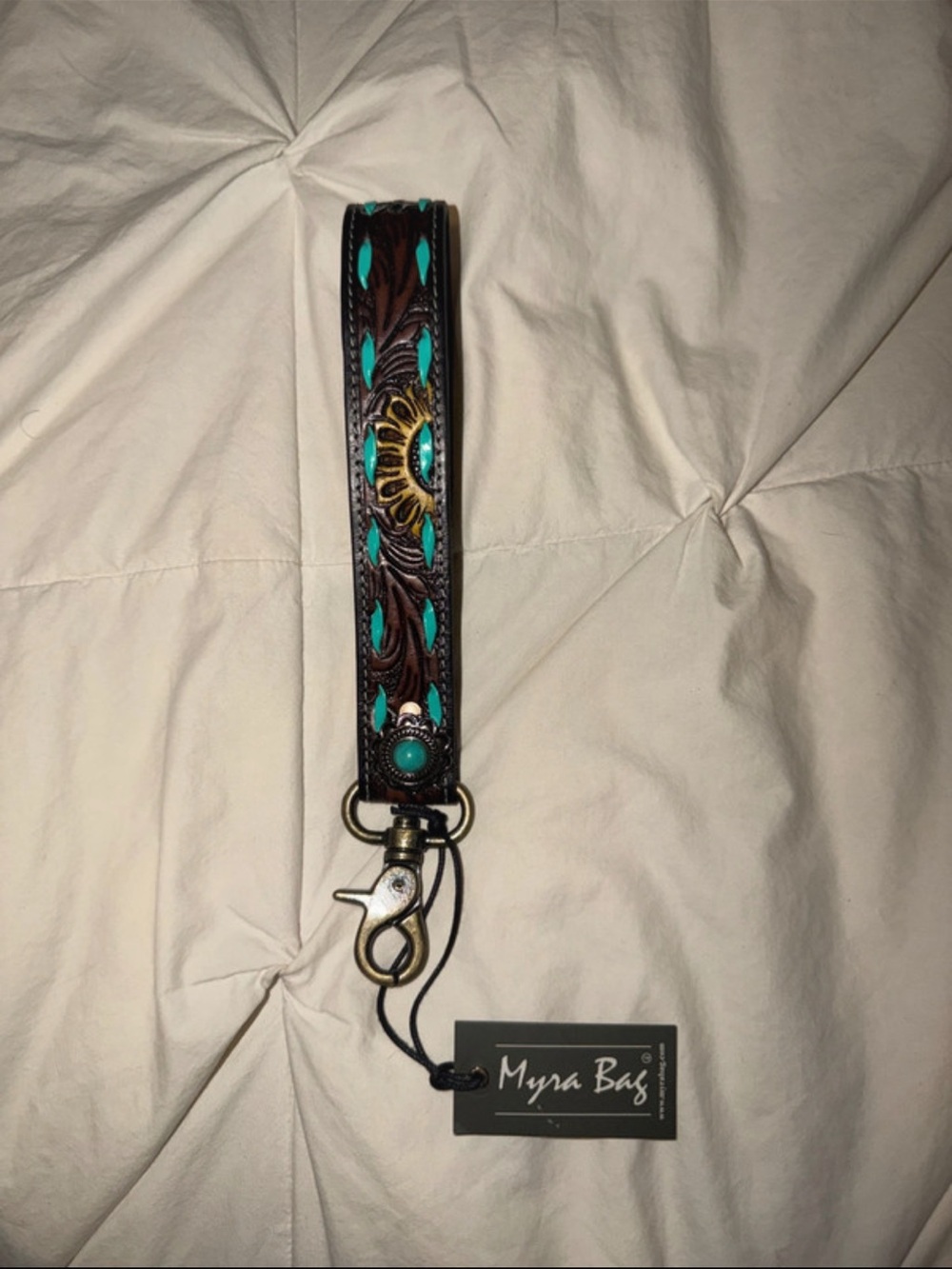 Myra Bag Black & Brown Leather Wristlet with Turquoise Accents